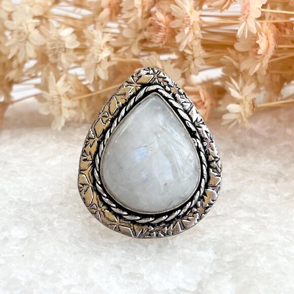 Rainbow Moonstone Teardrop 925 Sterling Silver Southwest Vintage Ring - sz 8.5 - Picture 1 of 10